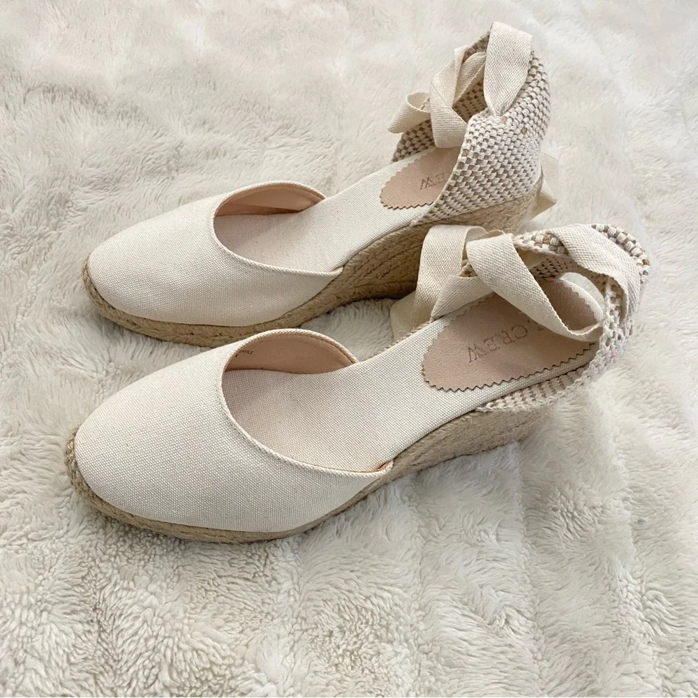 J. Crew Cream Round Toe Canvas Espadrille Wedges Size 9.5 Made in Spain